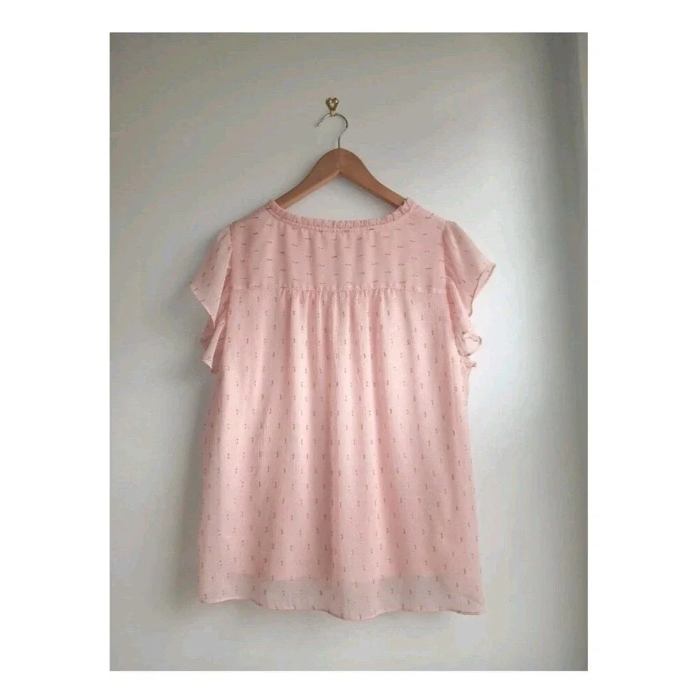LC Lauren Conrad Pink Ruffle Flutter Sleeve Blouse L Romantic Babydoll Top - Picture 2 of 5